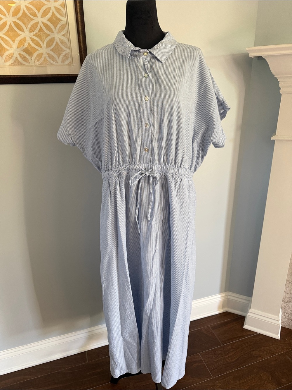 Gilli Light Blue and White Stripes Button-Front Drawstring Waist Midi Dress